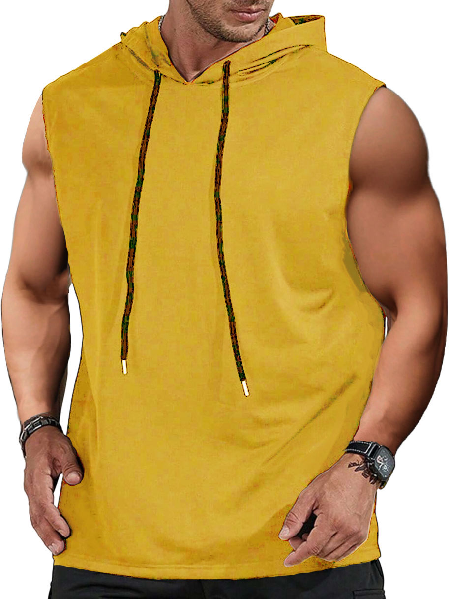 Men's Sports Casual Solid Color Shirt Hooded Tie Sleeveless T-shirt