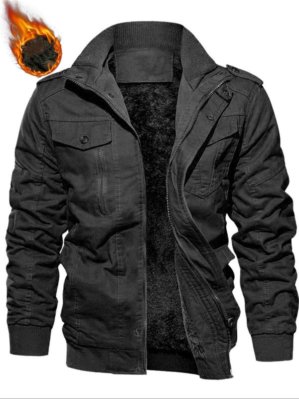 🔥October Hot Sale 🔥Men's Regular Fit Solid Pocket Zipper Jacket, Casual Long Sleeve Stand Collar Outerwear for Fall & Winter