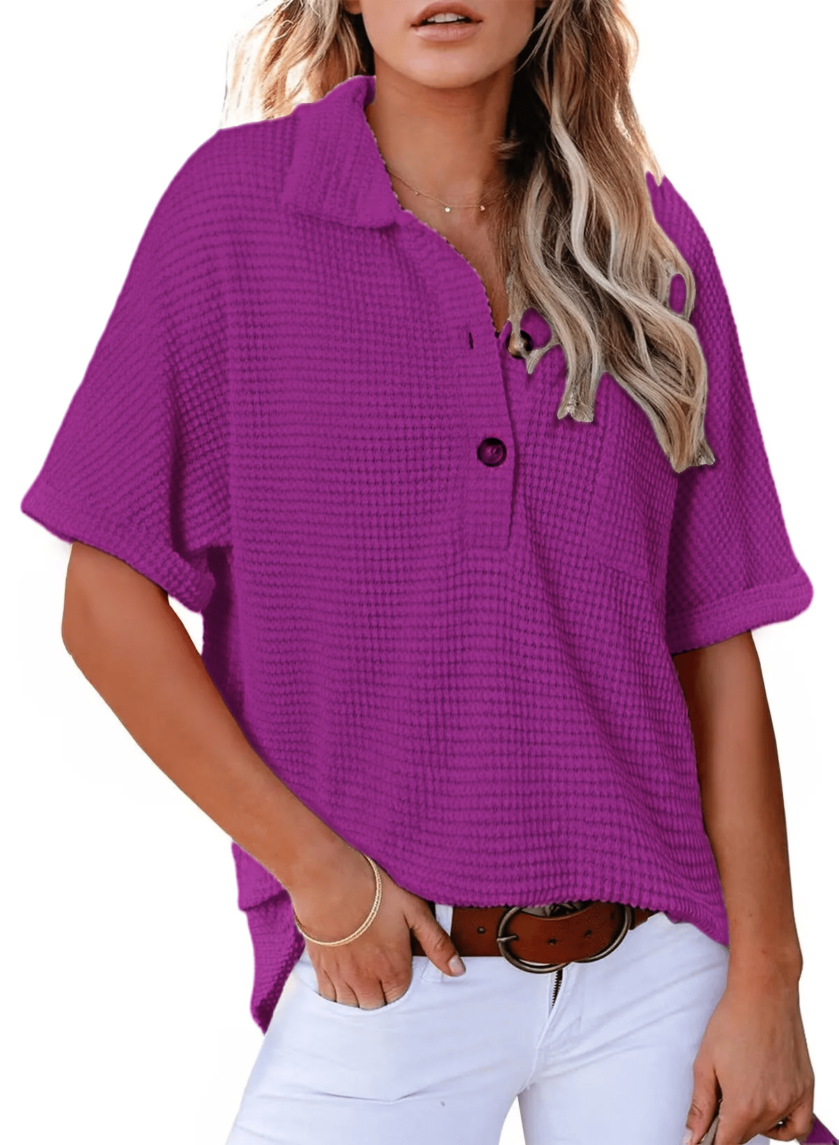 ✨2025 New Women's Waffle Knit Short Sleeve Tunic Henley Shirts