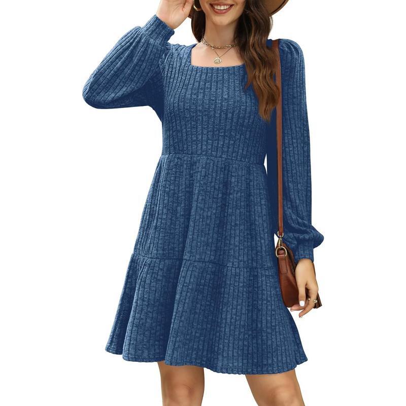 🔥Womens Square Neck Long Sleeve Fall Dresses Casual Babydoll Sweater Dress