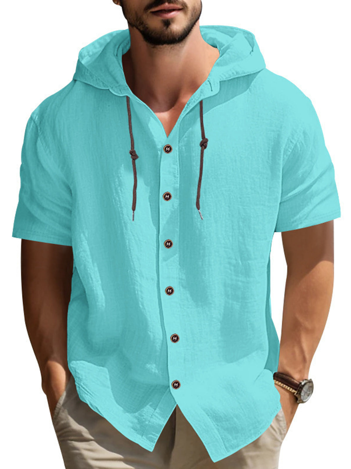Men's Summer Cotton Hooded Solid Color Short Sleeve Shirt