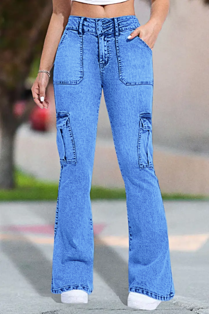 ⚡Last Chance Deal⚡- Multi Pocket Double Button Mid Rise Flare Cargo Jeans