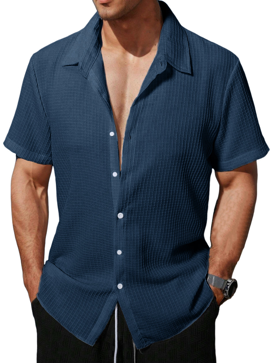 Men's Hawaiian Lapel Waffle Short Sleeve Shirt