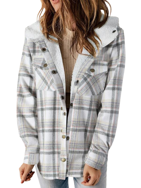 Ladies’ Plaid Hooded Button Coat – Cozy Fall/Winter