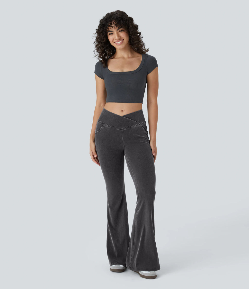 ⚡High Waisted Crossover Pocket Washed Stretchy Knit Casual Super Flare Jeans⚡