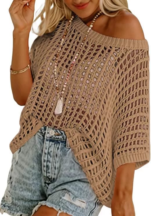 🎁 Womens Summer Scoop Neck ShortSleeve Sweater Casual Crochet Hollow Out KnitTops