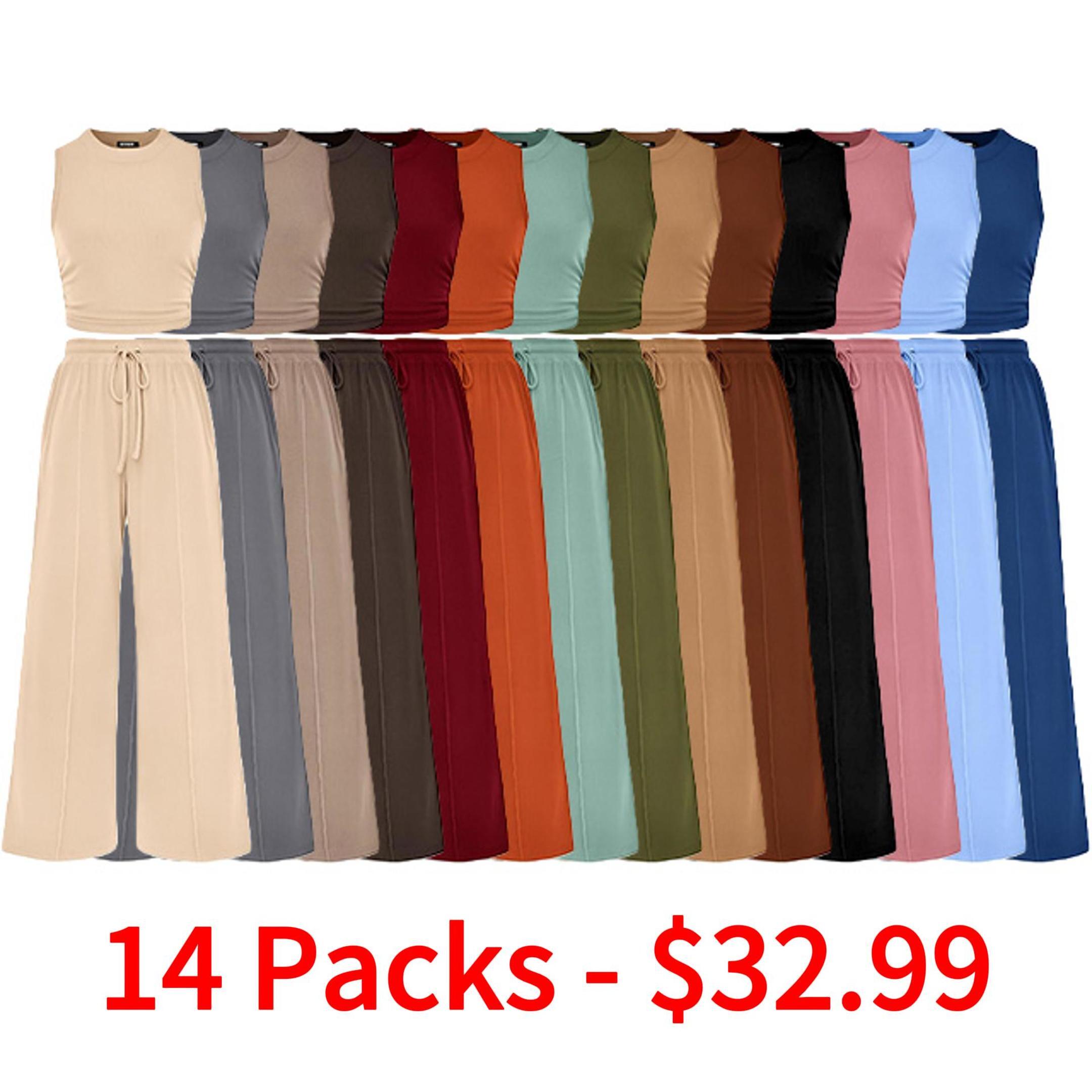 Women Summer 2 Piece Outfits 2025 Beach Crew Neck Sleeveless Cropped Top Elastic Waist Wide Leg Pants Lounge Set