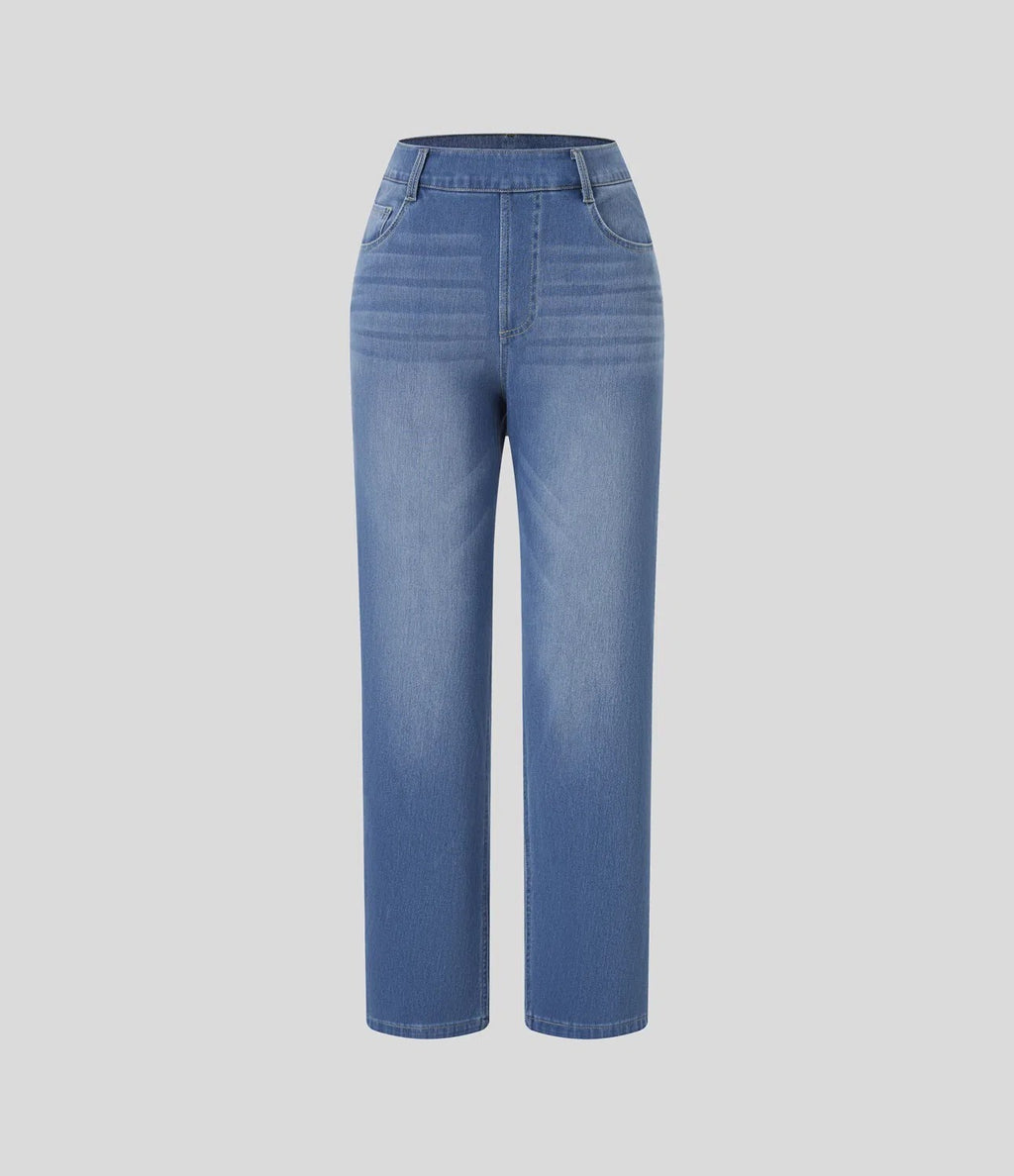 Stretch-Knit Straight-Leg Jeans with Multiple Pockets