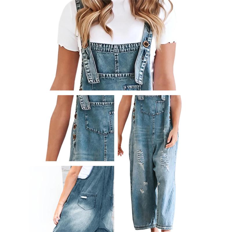 Women's Denim Overalls Casual Jumpsuits Loose Fit Adjustable Strap Distressed Bib Jeans Overall Jumpsuits
