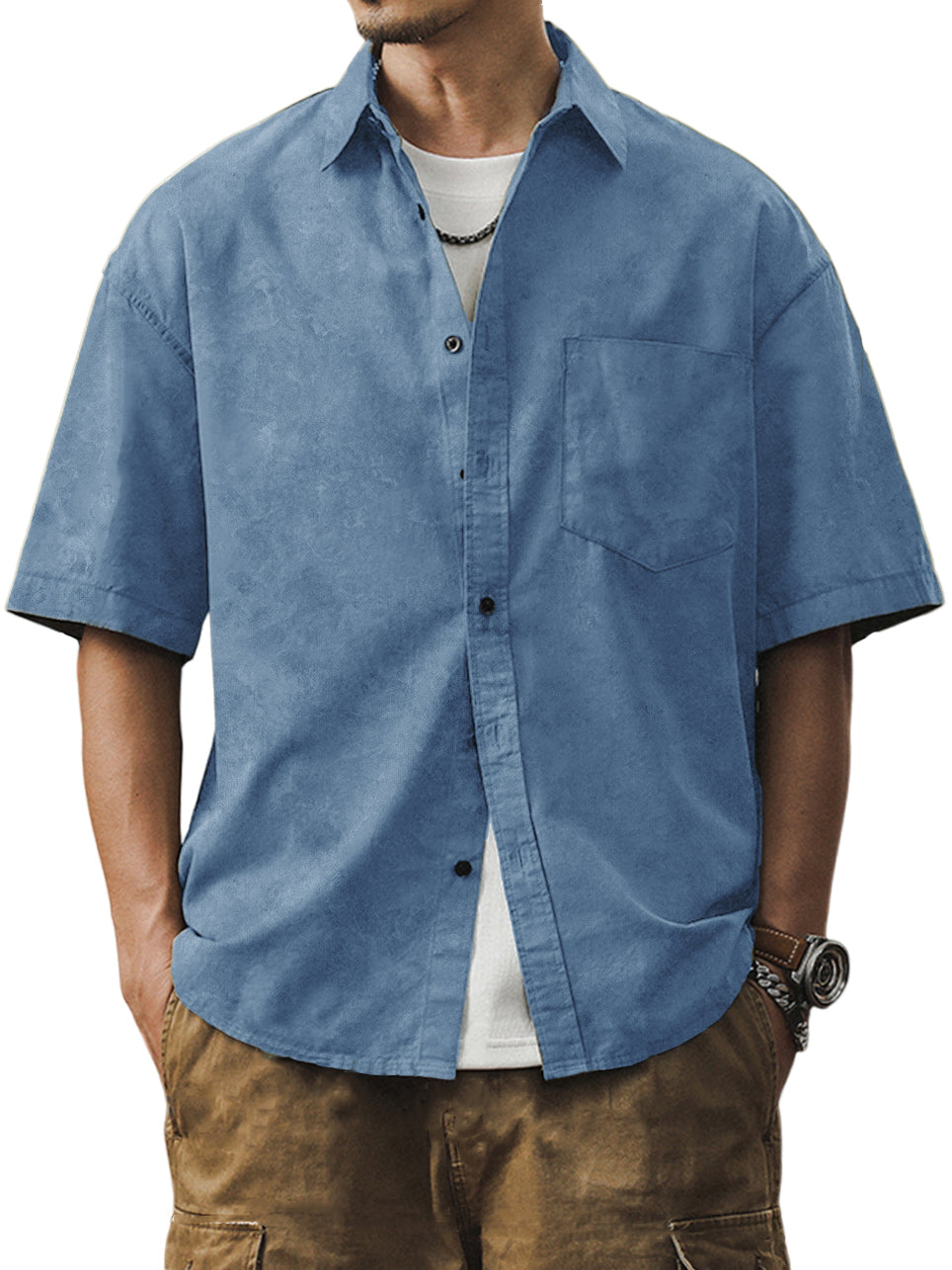Men's Casual Distressed Printed Pocket Short Sleeve Shirt