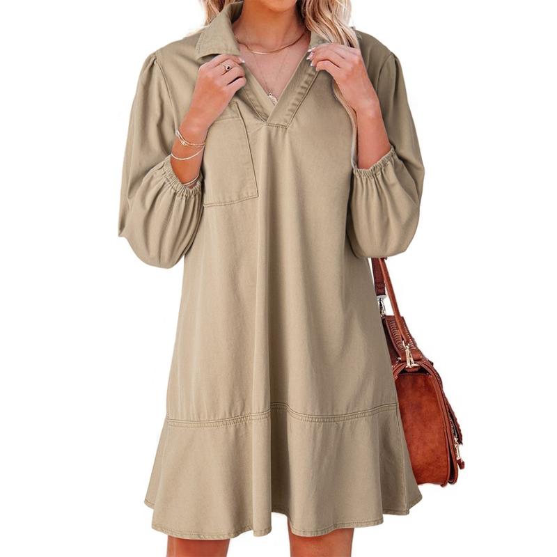 Denim Dress for Women Fashion Fall Casual Babydoll 2025 V Neck 3/4 Puff Sleeve Jean Dresses