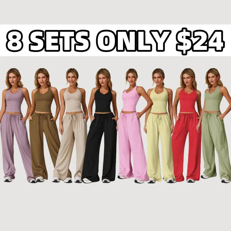 Women's Solid Crop Tank Top & Wide Leg Pants Set, Casual V Neck Sleeveless Top & Trousers for Daily Outdoor Wear, Ladies Sportswear for Summer, Solid Sports Sets, Yoga Suit Set
