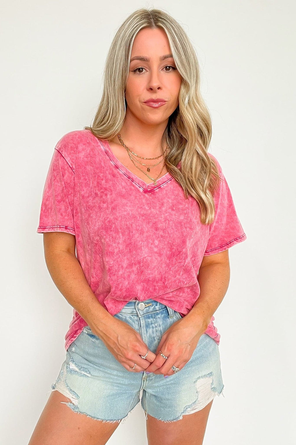 Soliel Acid Wash V-Neck Relaxed Fit Top - BACK IN STOCK