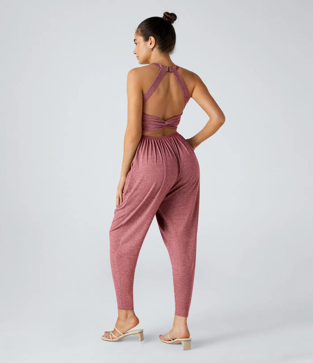 💝Last day promotion-⏰Backless Twisted U Neck Side Pocket Harem Casual Jumpsuit-Easy Peezy Edition