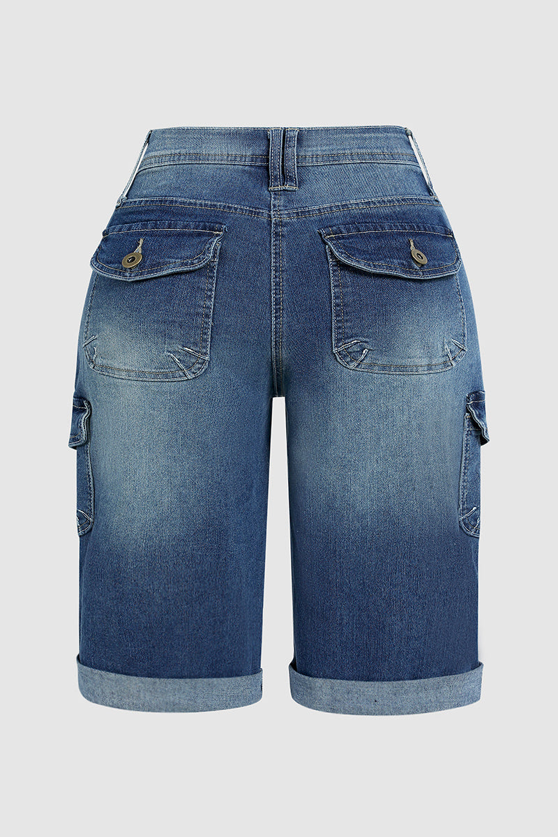 Flap Pocket Roll Hem Denim Bermuda Shorts Without Belt