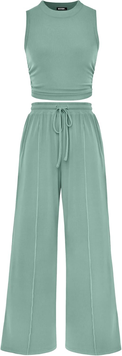 Women Summer 2 Piece Outfits 2025 Beach Crew Neck Sleeveless Cropped Top Elastic Waist Wide Leg Pants Lounge Set