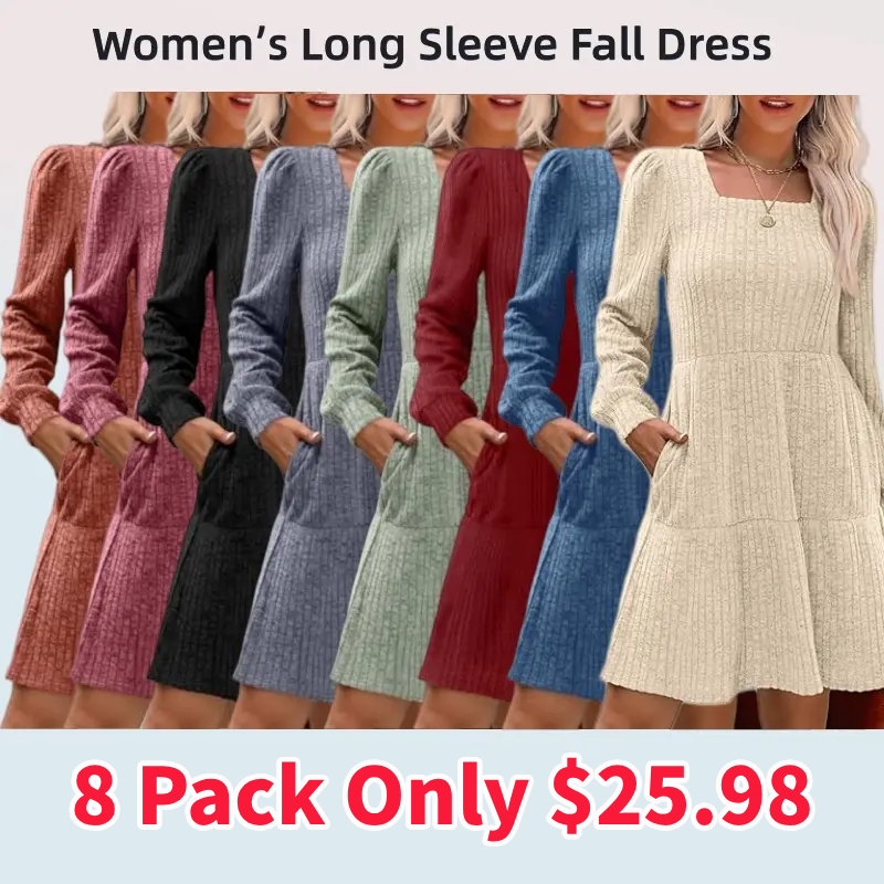🔥Womens Square Neck Long Sleeve Fall Dresses Casual Babydoll Sweater Dress