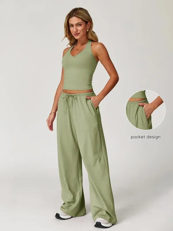 Women's Solid Crop Tank Top & Wide Leg Pants Set, Casual V Neck Sleeveless Top & Trousers for Daily Outdoor Wear, Ladies Sportswear for Summer, Solid Sports Sets, Yoga Suit Set