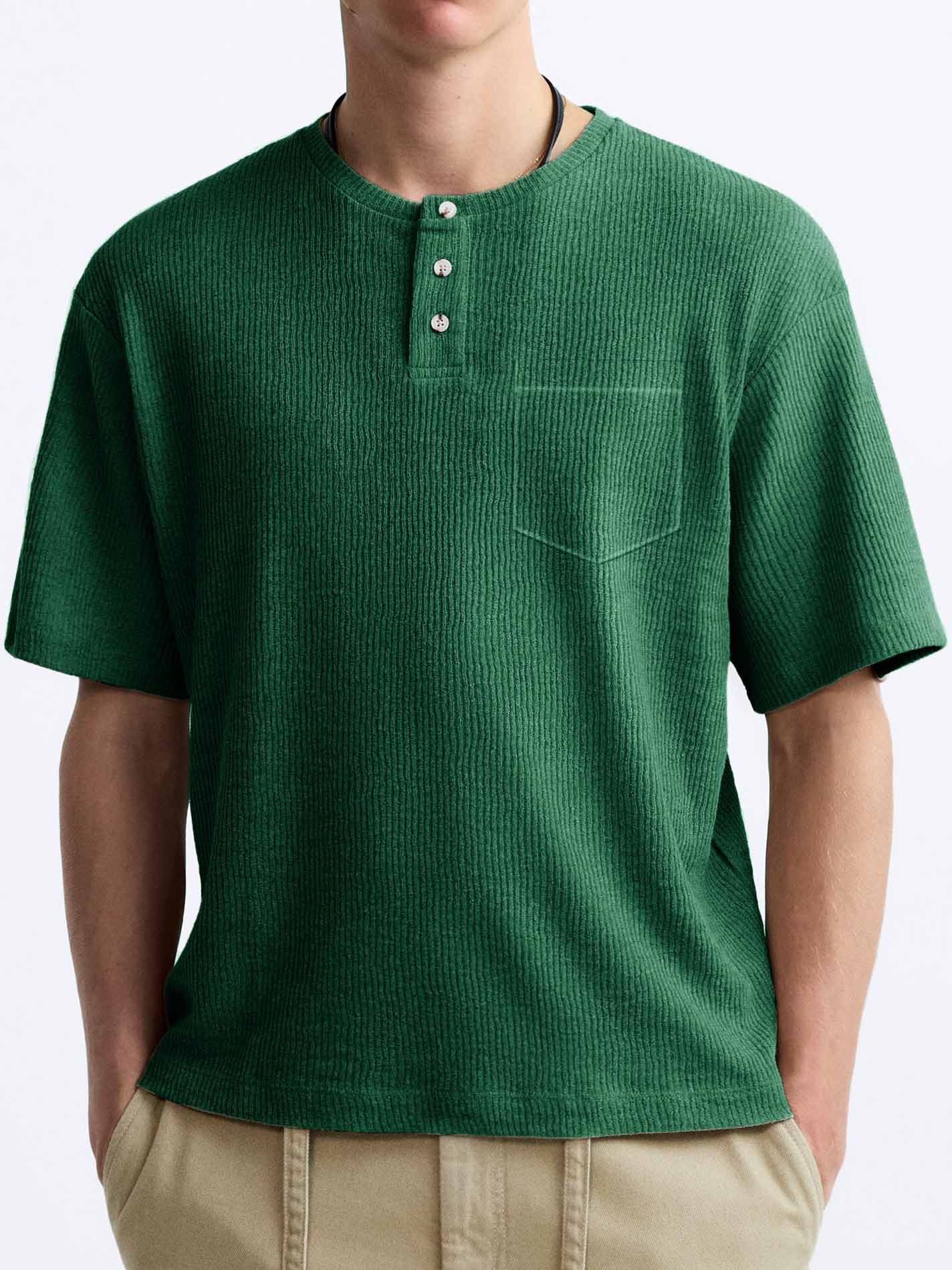 Men's Comfort Basics Striped Fabric Pocket Crew Neck Henley