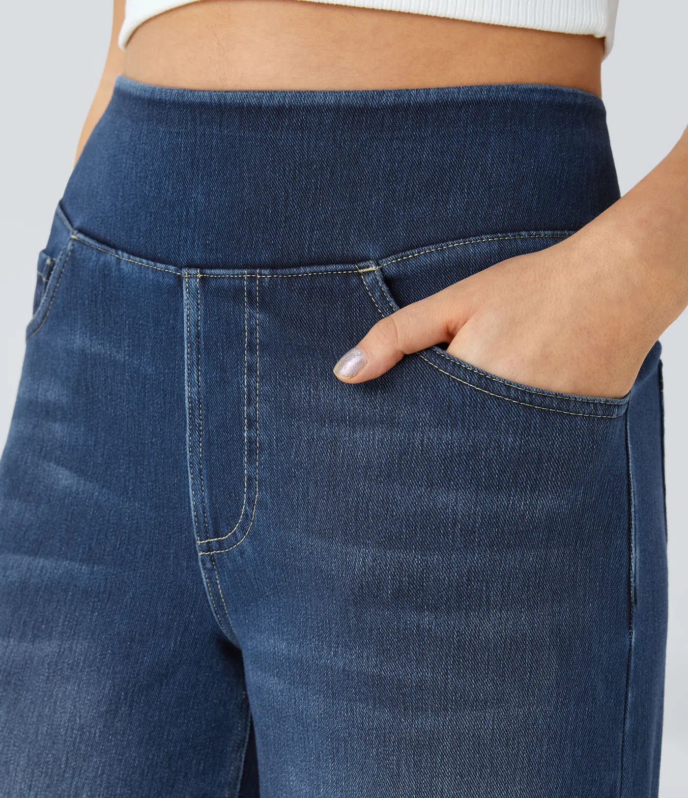 FINAL SALE⚡High Waisted Multiple Pockets Baggy Wide Leg Washed Stretchy Knit Casual Jeans