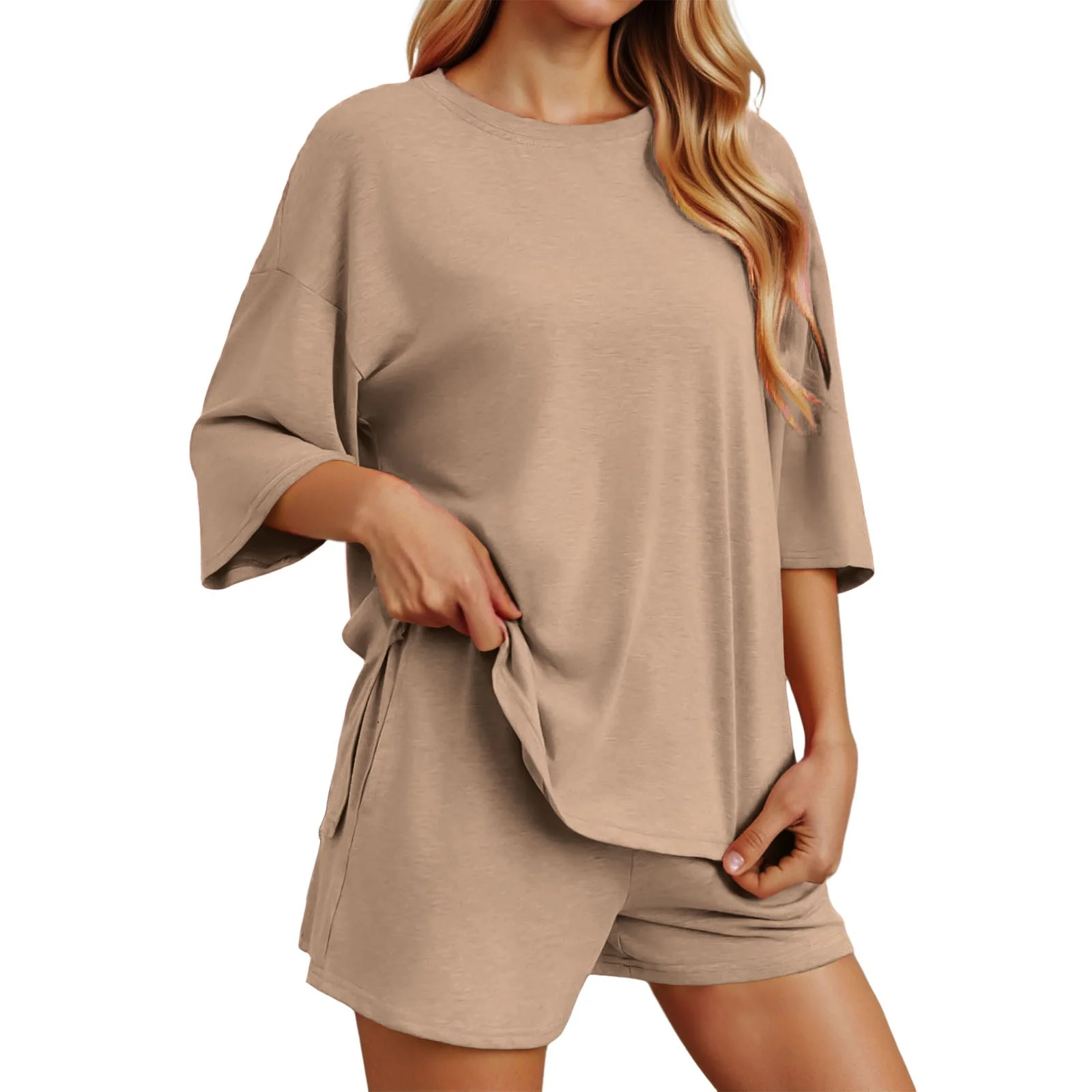 Women's Two Piece Lounge Set 2025 Summer Casual Oversized Shirts Biker Shorts Matching Airport Travel Outfit Split Hem