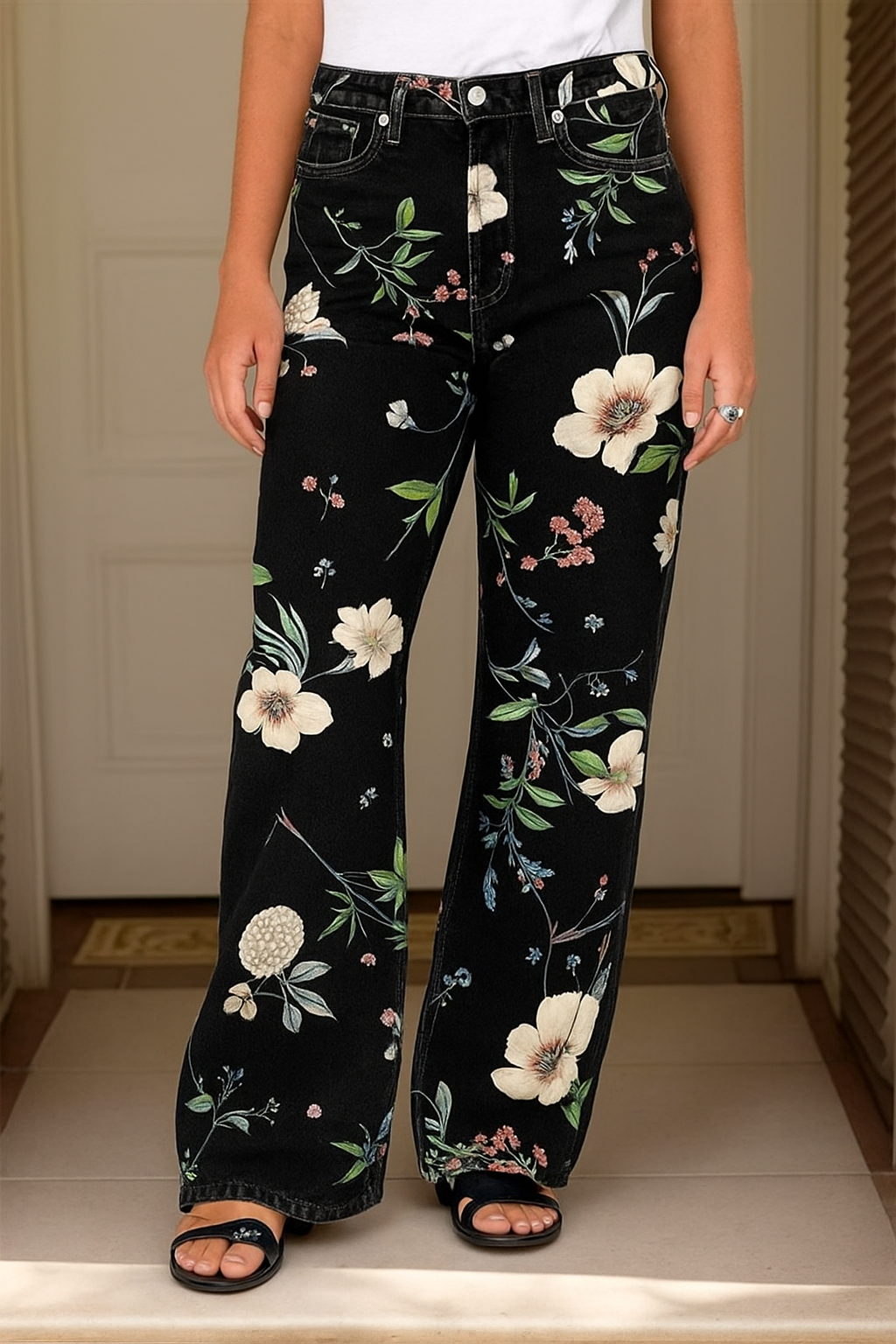 🔥Floral Pattern Wash High Waist Straight Leg Jeans