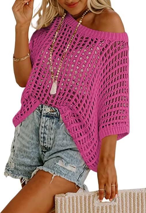 🎁 Womens Summer Scoop Neck ShortSleeve Sweater Casual Crochet Hollow Out KnitTops