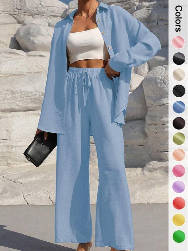 Women's Solid Button Front Shirt & Tie Front Wide Leg Pants Two-piece Set, Casual Loose Drop Shoulder Long Sleeve Top & Trousers for Spring & Fall