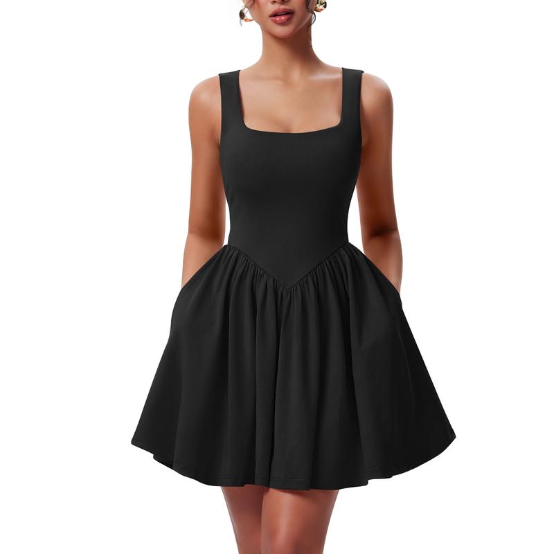 OYS Women's Summer Sleeveless Square Neck A-line Ruffle Hem Mini Tank Dress With Pockets