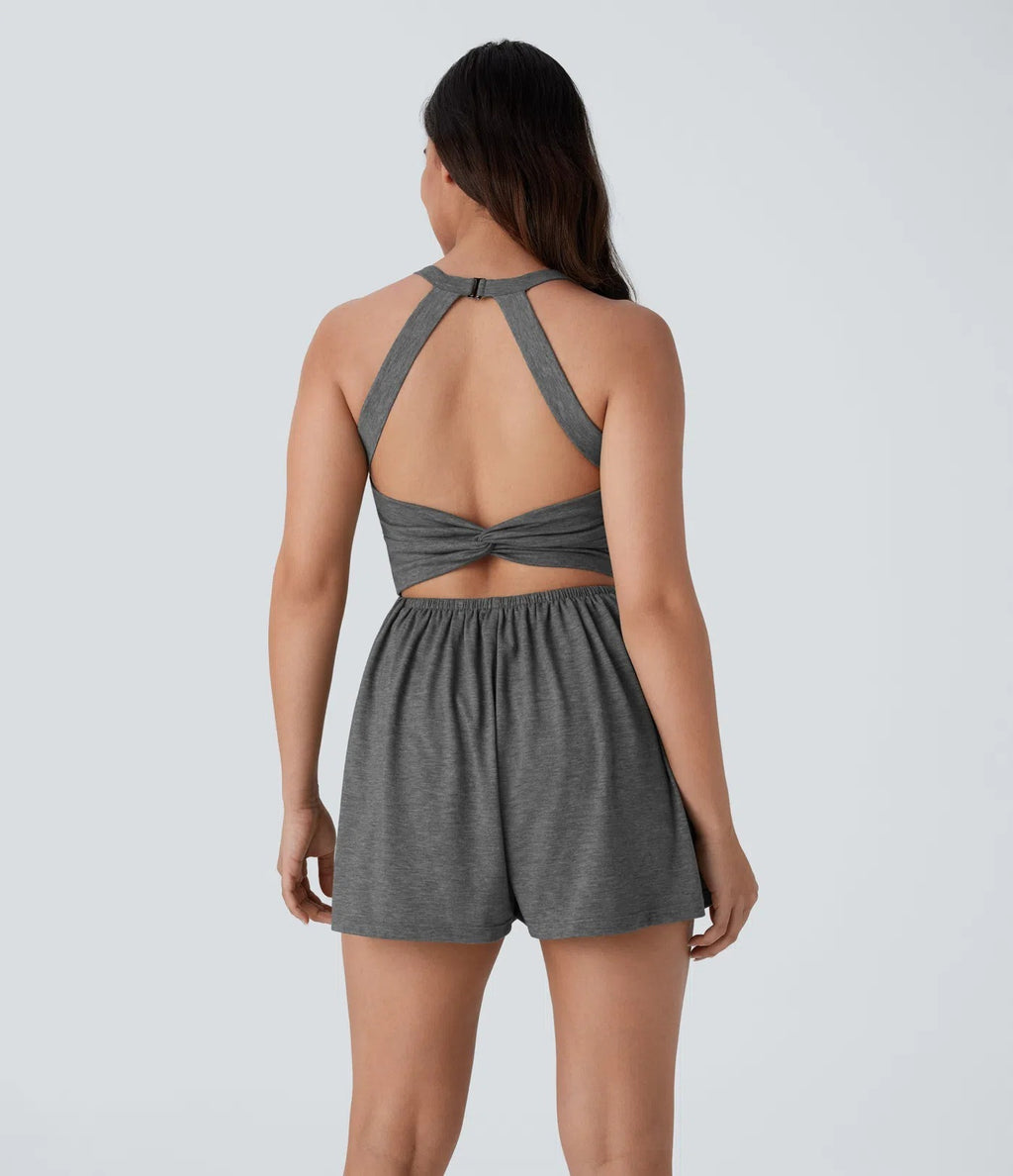 Backless Twisted Side Pocket 2-in-1 Resort Romper