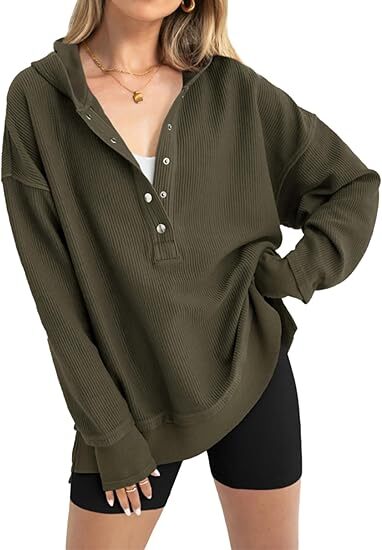 Women’s Casual V-Neck Button-Up Hoodie with Side Slits