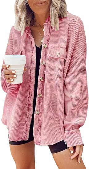 Women's Loose Fit Batwing Sleeve Waffle Knit Button Down Shirt Shacket Tops