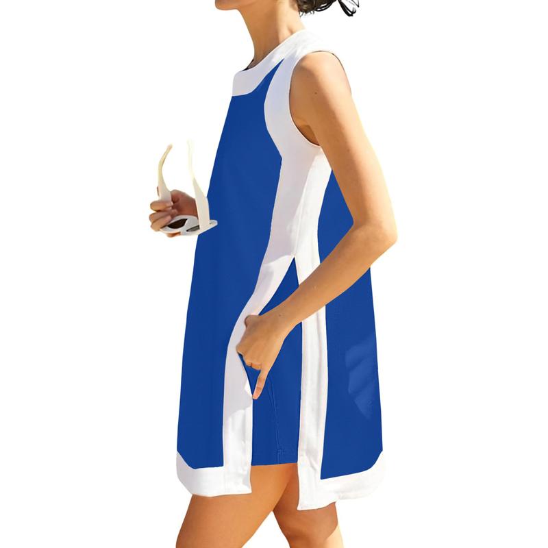 Women's Casual Two Piece Sets Color Block Crewneck Sleeveless Pullover Tops Matching Shorts With Pockets