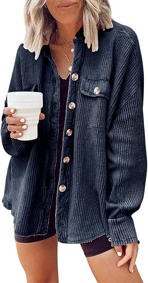 Women's Loose Fit Batwing Sleeve Waffle Knit Button Down Shirt Shacket Tops