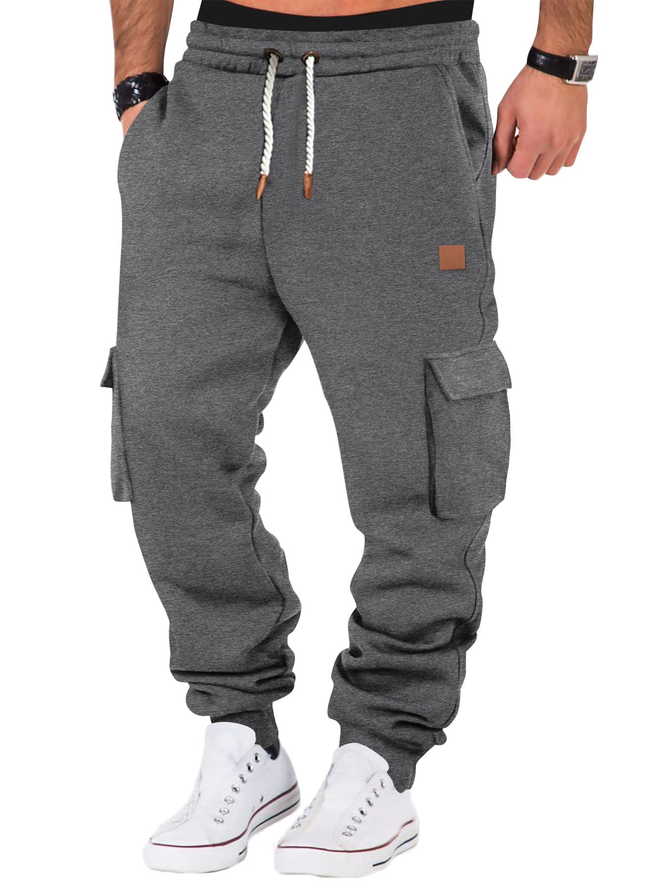 Men's Solid Color Multiple Pockets Drawstring Waist Sweatpants