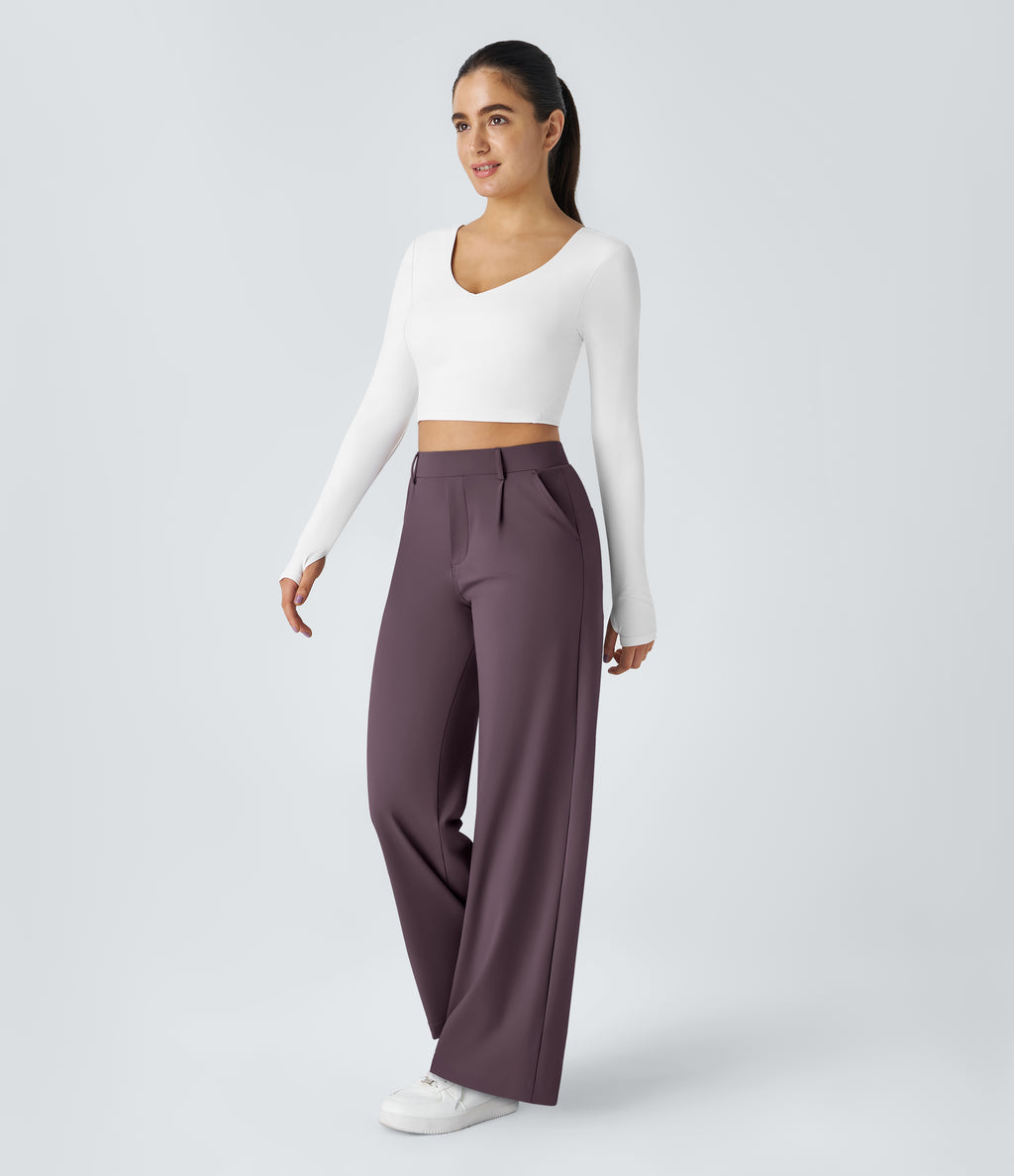 Factory Outlet - High Waisted Side Pocket Straight Leg Work Suit Pants