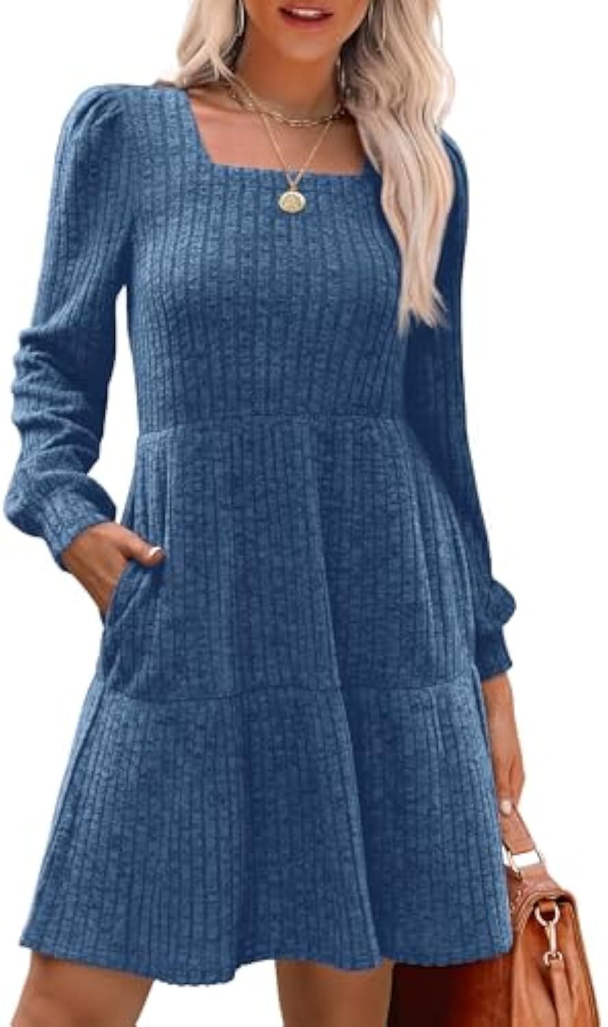 🔥Womens Square Neck Long Sleeve Fall Dresses Casual Babydoll Sweater Dress
