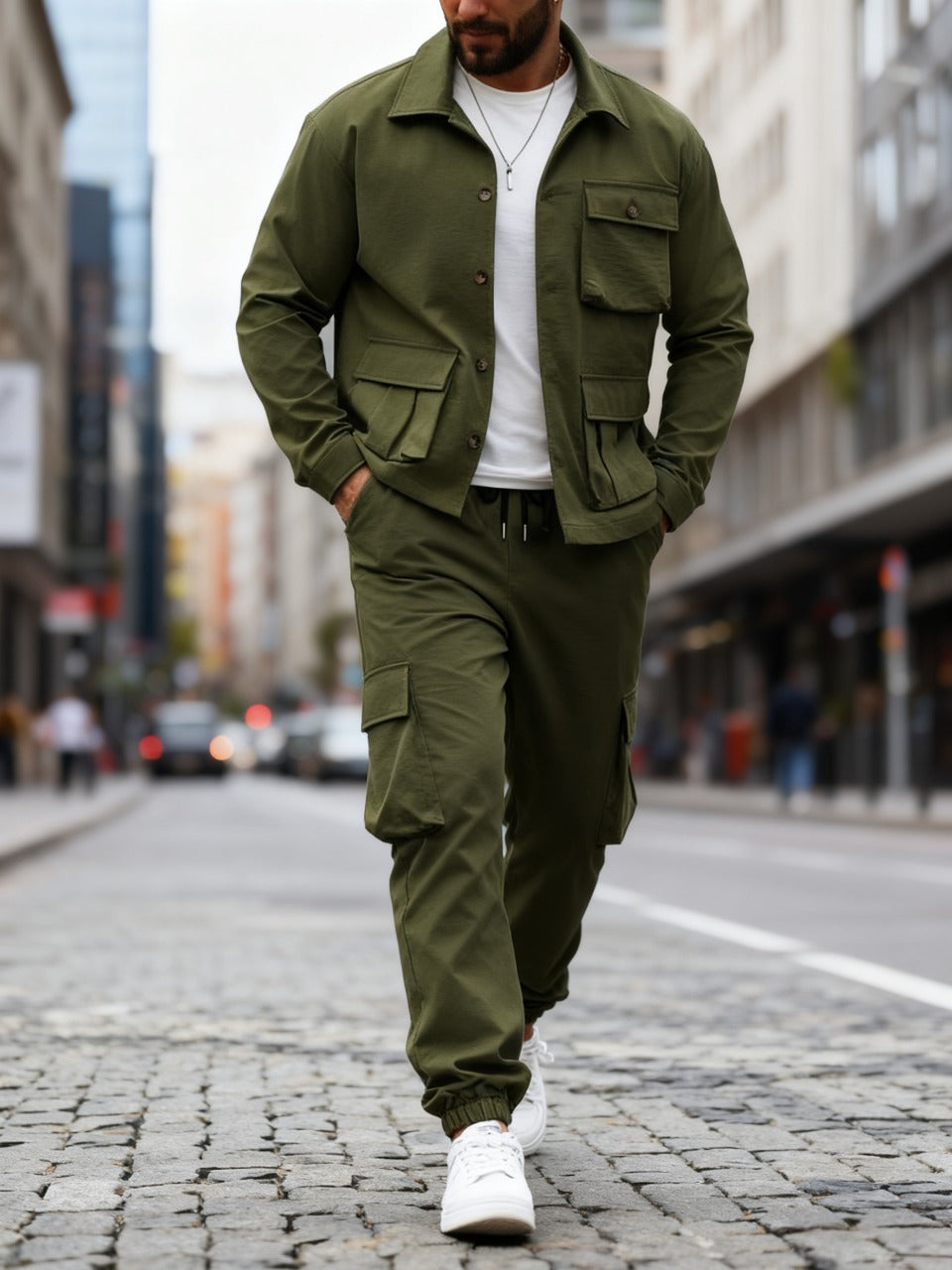 💥Clearance sale! Men's Solid Color Pocket Button Front Shirt & Pants Two-Piece Set, Casual Long Sleeve Collar Top & Trousers Set, Men's Spring & Fall Clothes