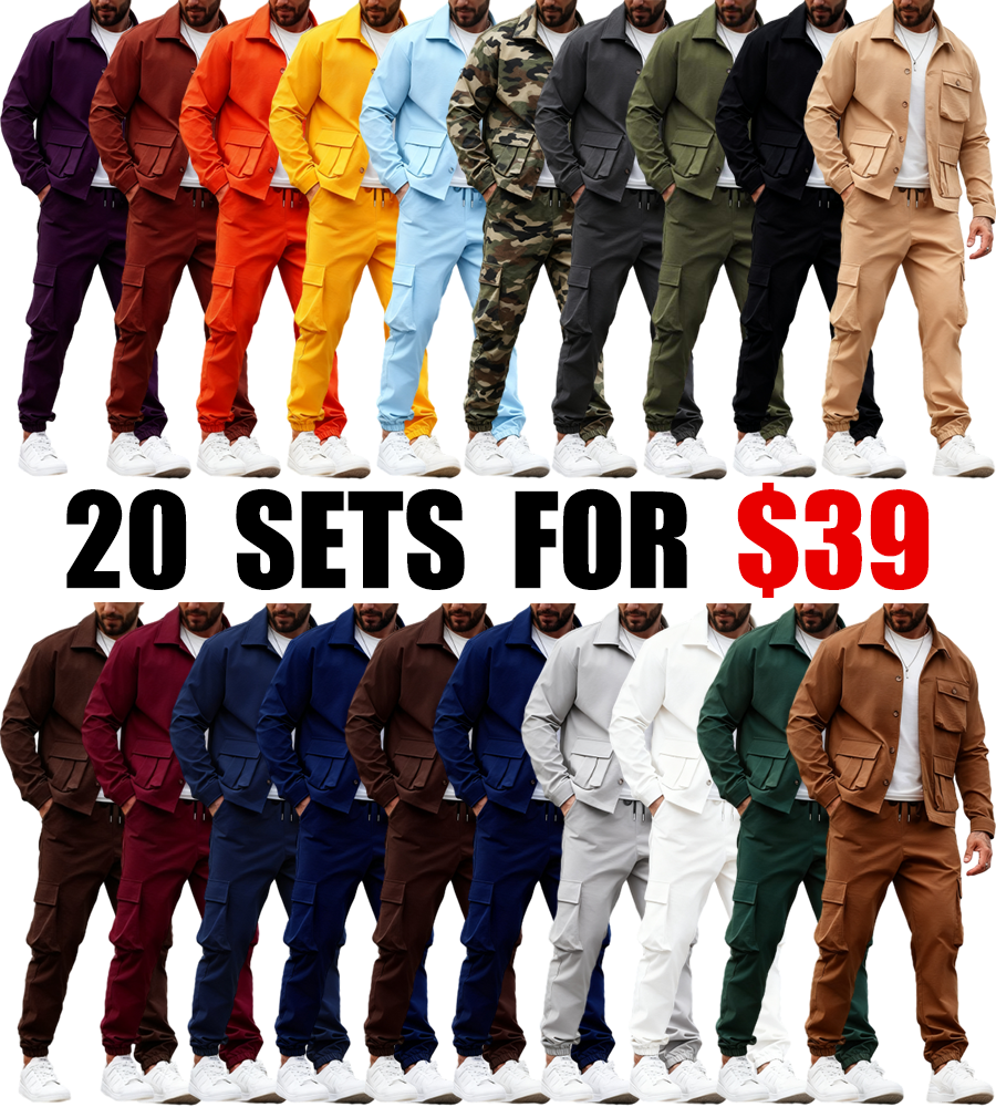 💥Clearance sale! Men's Solid Color Pocket Button Front Shirt & Pants Two-Piece Set, Casual Long Sleeve Collar Top & Trousers Set, Men's Spring & Fall Clothes
