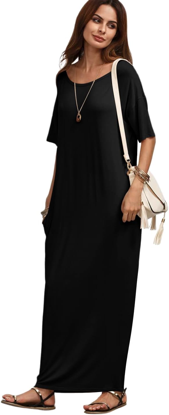 Bloomcin Women's Short Sleeve Loose Long Maxi Lounge Dress with Pockets