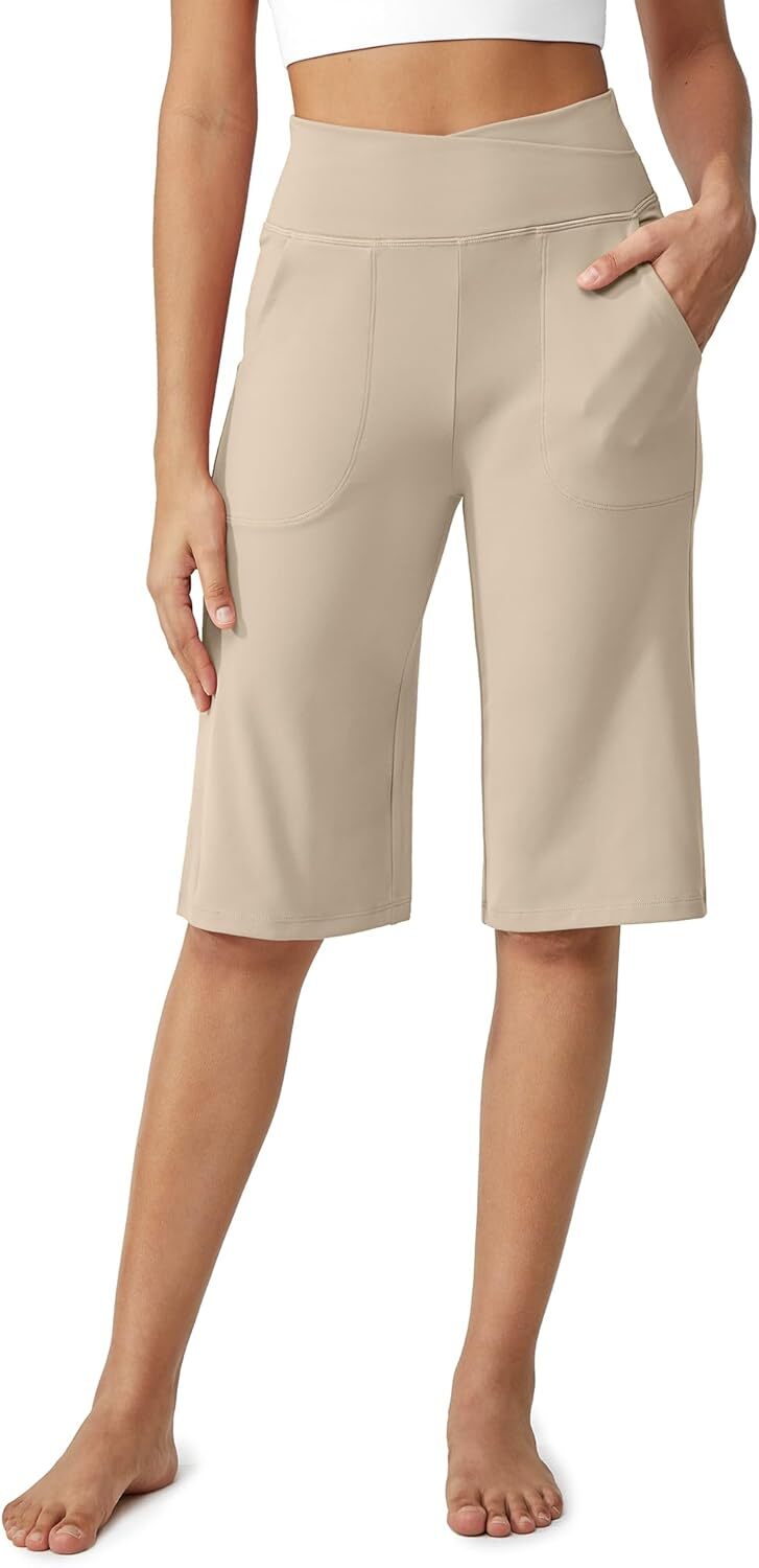 Capri Pants for Women -Knee Length Wide Leg Yoga Capris Dressy Casual Summer Crop Pants with Pockets