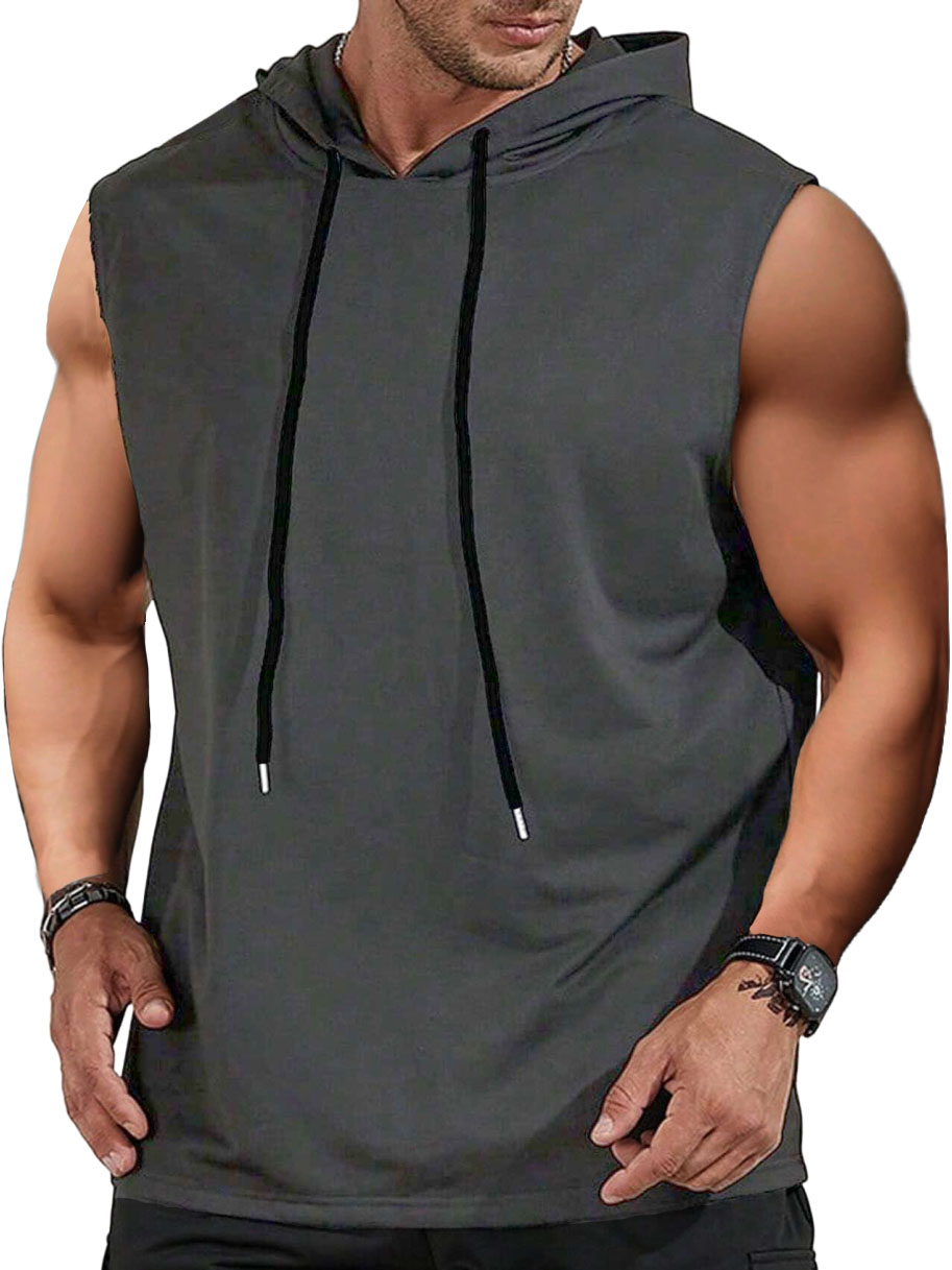 Men's Sports Casual Solid Color Shirt Hooded Tie Sleeveless T-shirt