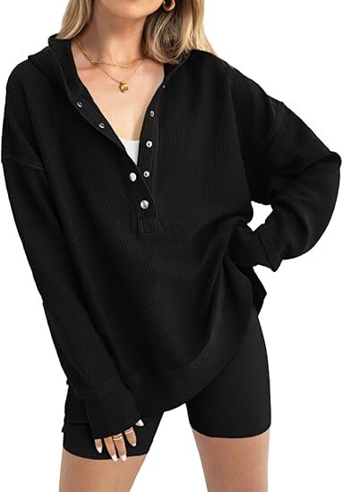 Women’s Casual V-Neck Button-Up Hoodie with Side Slits