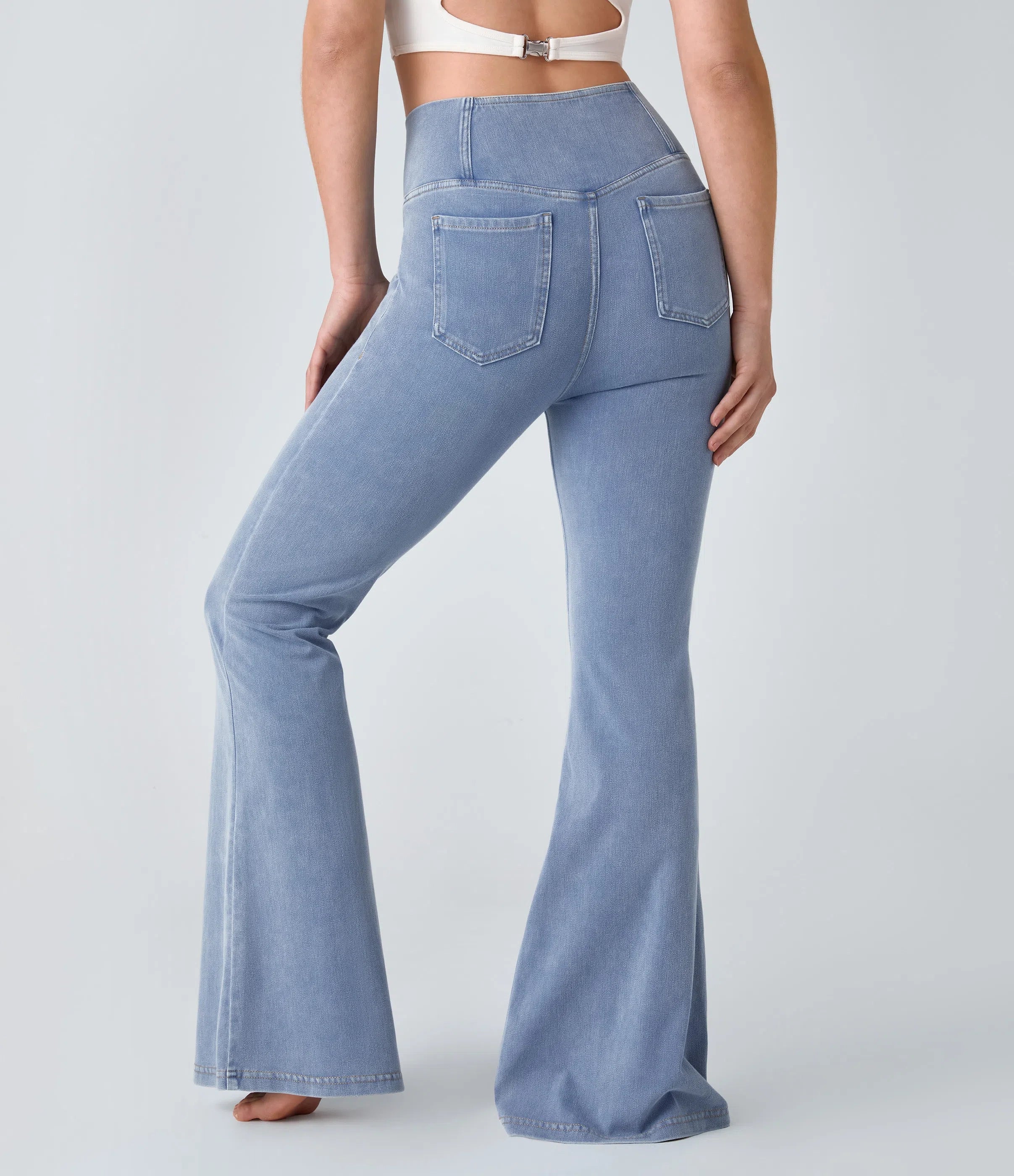 High Waisted Crossover Pocket Washed Stretchy Knit Casual Super Flare Jeans