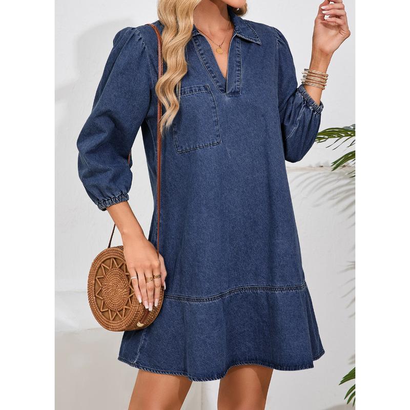 Denim Dress for Women Fashion Fall Casual Babydoll 2025 V Neck 3/4 Puff Sleeve Jean Dresses