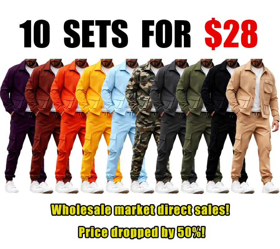 💥Clearance sale! Men's Solid Color Pocket Button Front Shirt & Pants Two-Piece Set, Casual Long Sleeve Collar Top & Trousers Set, Men's Spring & Fall Clothes