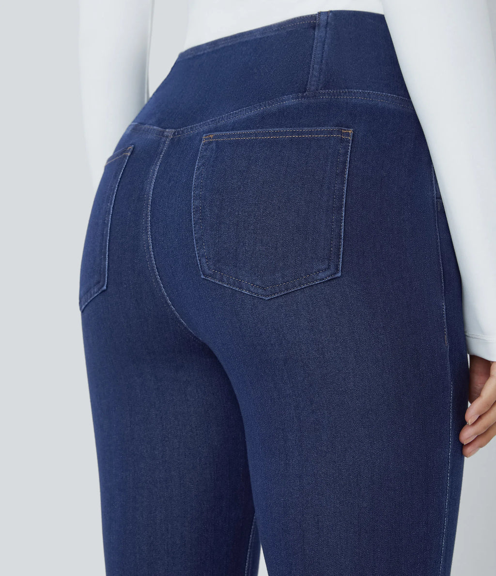 High Waisted Crossover Pocket Washed Stretchy Knit Casual Super Flare Jeans