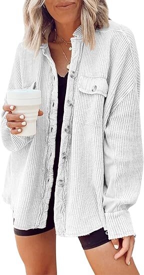 Women's Loose Fit Batwing Sleeve Waffle Knit Button Down Shirt Shacket Tops