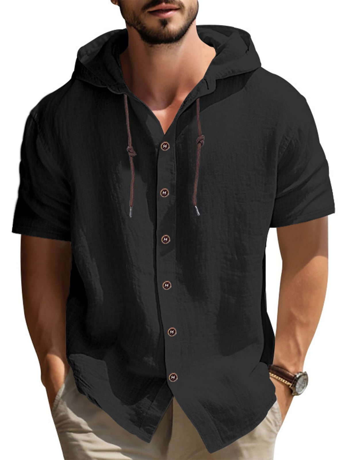 Men's Summer Cotton Hooded Solid Color Short Sleeve Shirt