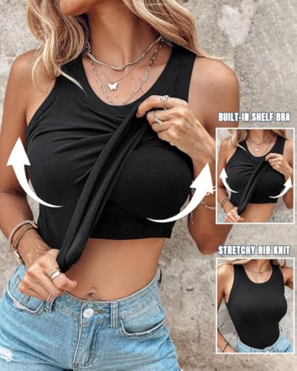Women Built-in Bra Tank Tops Sleeveless Casual Shirts Racerback Ribbed Fitted Tank Tops